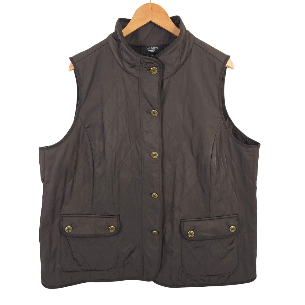 Talbots Woman Brown Quilted Vest Fleece Lined Gold Buttons Size 2X
